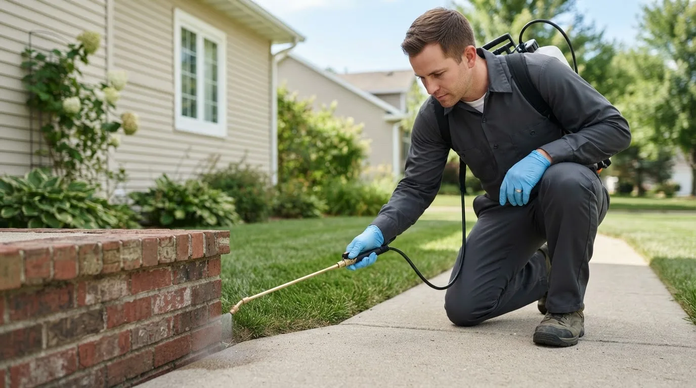 Pest control technician treating a home near Towner, ND